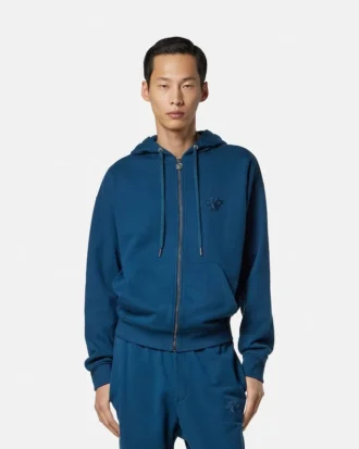 Broderad hoodie i bomullsjersey med dragkedja