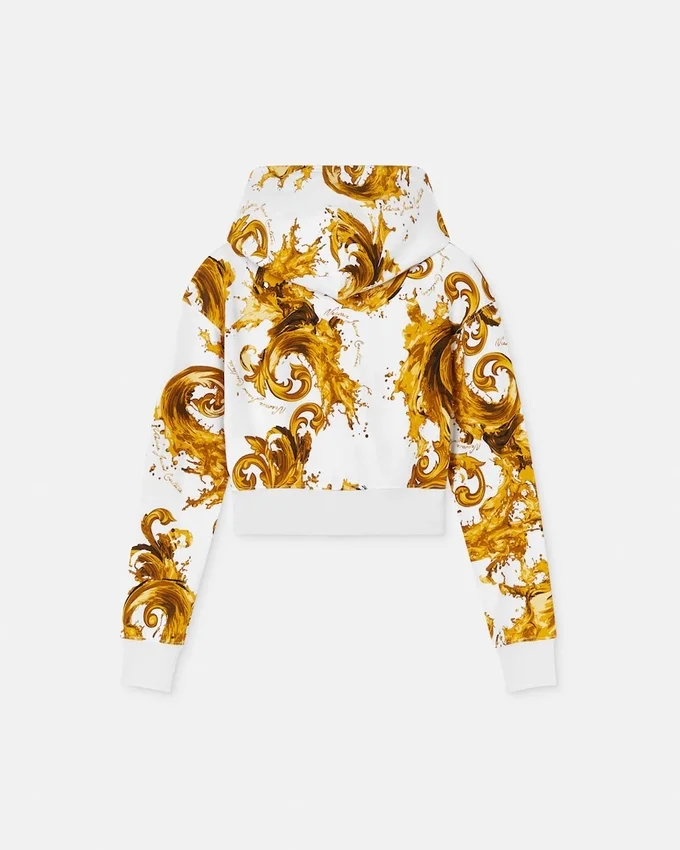 Tryckt kort hoodie i bomullsjersey Tryckt kort hoodie i bomullsjersey